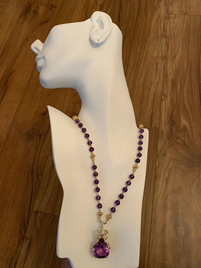 Retro Gold 35 Carat Natural Amethyst & Diamond Pendant Necklace Circa 1960