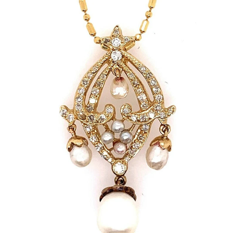 Retro Gold Pendant 0.70 Carat Natural Round Diamond & Pearl Circa 1950
