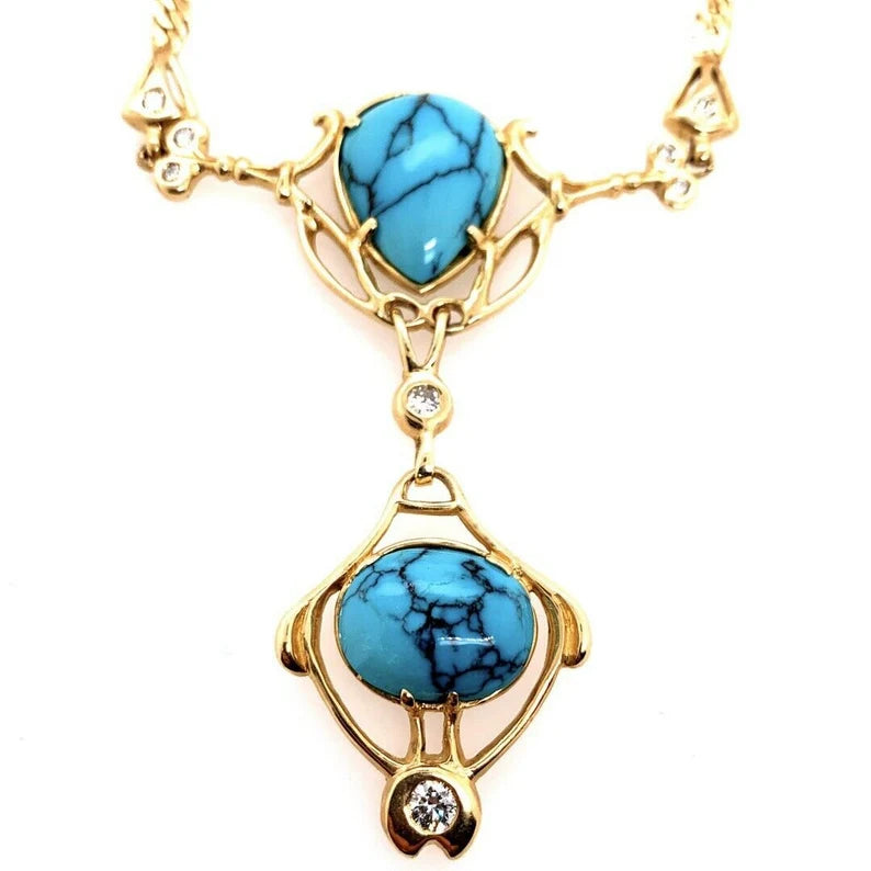 Retro Gold Natural Turquoise Gem .75 Carat Colorless Diamond Necklace Circa 1950