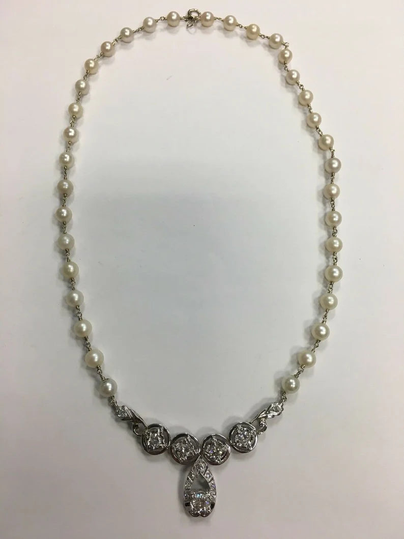 Retro Gold Necklace Natural 1 Carat Round Diamond & Pearl Gem Stone Circa 1970
