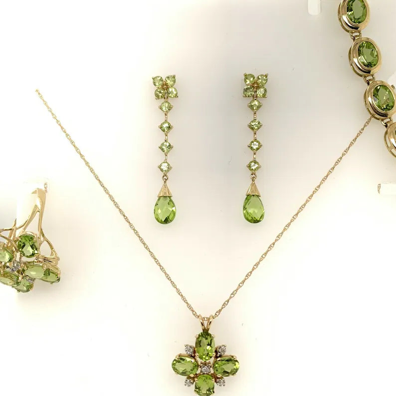 Modern 14k Gold SET 36 Carat Natural Peridot & Diamond Estate Gem Stone 1980