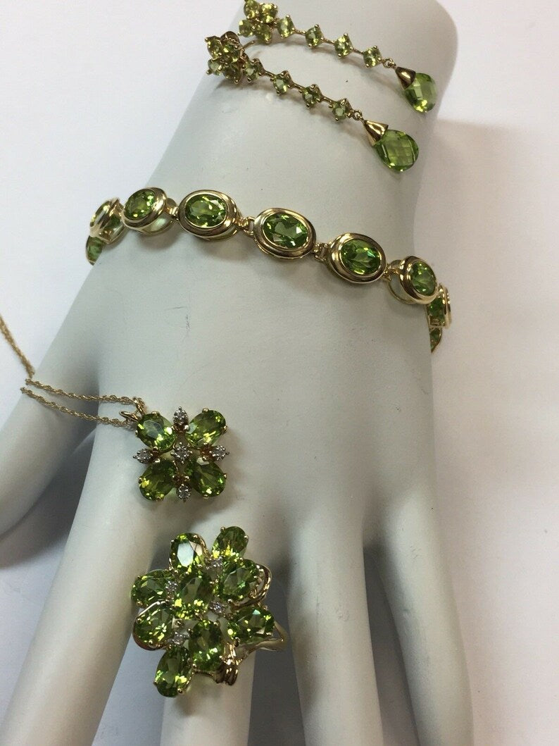 Modern 14k Gold SET 36 Carat Natural Peridot & Diamond Estate Gem Stone 1980