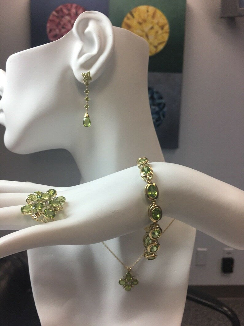 Modern 14k Gold SET 36 Carat Natural Peridot & Diamond Estate Gem Stone 1980