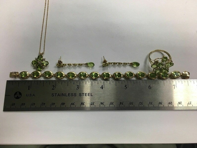 Modern 14k Gold SET 36 Carat Natural Peridot & Diamond Estate Gem Stone 1980