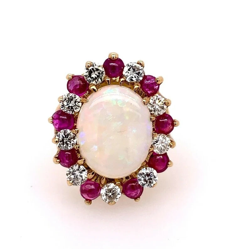 Retro Gold Ring Approx 6.22 Carat Natural Opal Diamond Ruby Gem Stone Circa 1960
