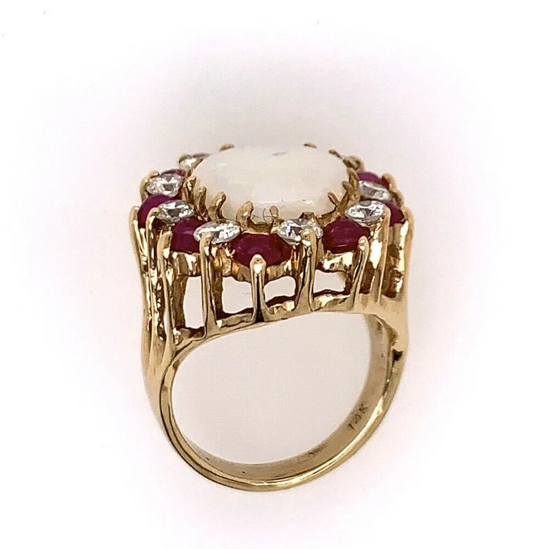 Retro Gold Ring Approx 6.22 Carat Natural Opal Diamond Ruby Gem Stone Circa 1960