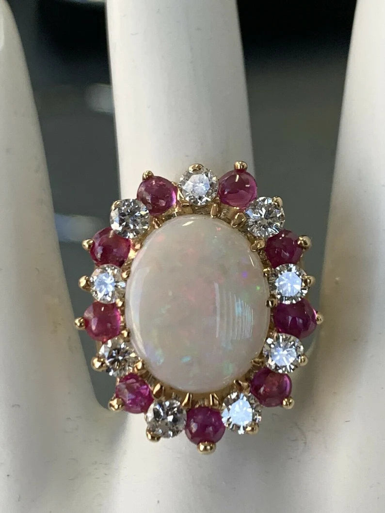 Retro Gold Ring Approx 6.22 Carat Natural Opal Diamond Ruby Gem Stone Circa 1960