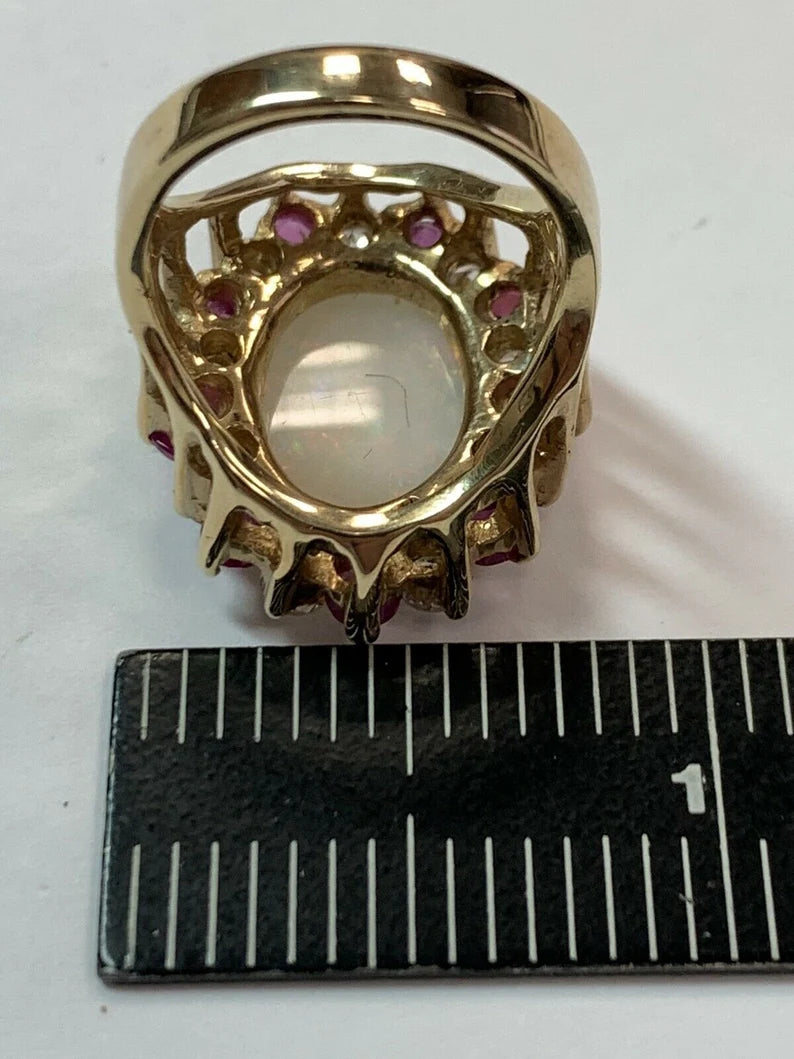 Retro Gold Ring Approx 6.22 Carat Natural Opal Diamond Ruby Gem Stone Circa 1960
