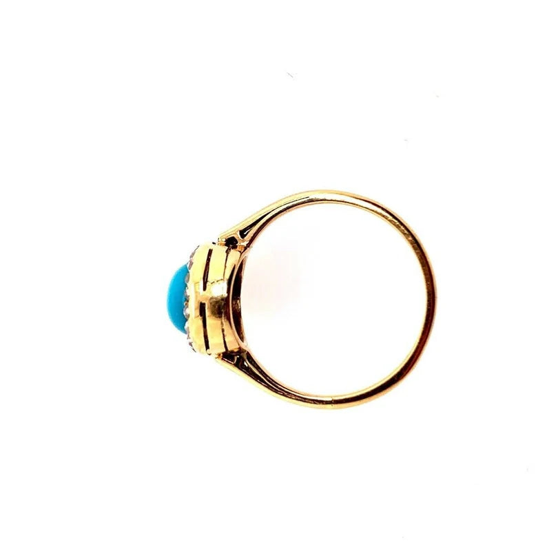 Mid Century Gold Ring Natural Persian Turquoise & Old Mine Diamond Circa 1950