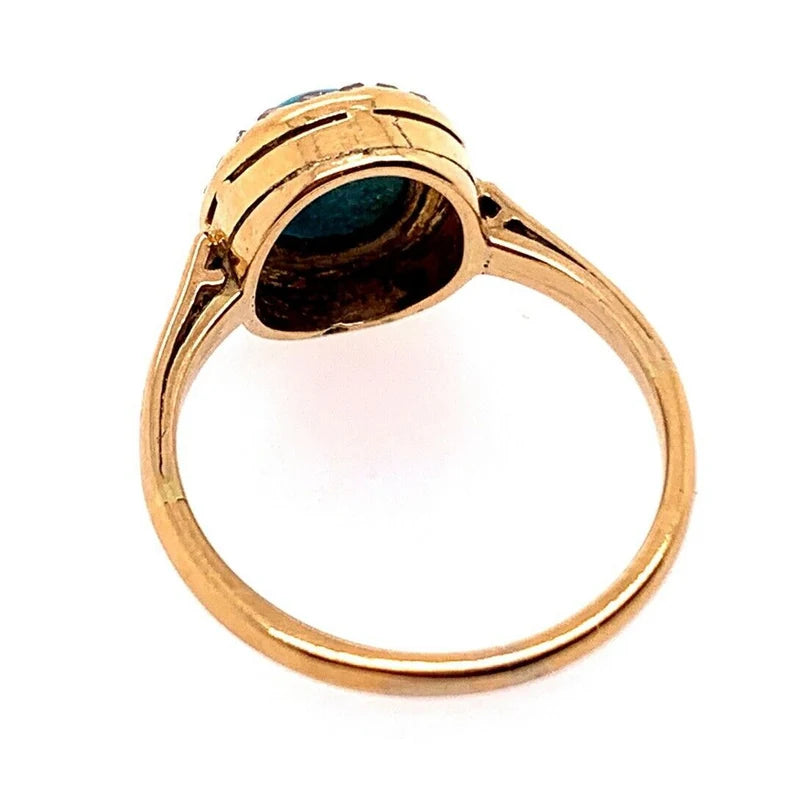 Mid Century Gold Ring Natural Persian Turquoise & Old Mine Diamond Circa 1950