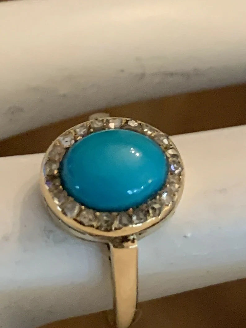 Mid Century Gold Ring Natural Persian Turquoise & Old Mine Diamond Circa 1950