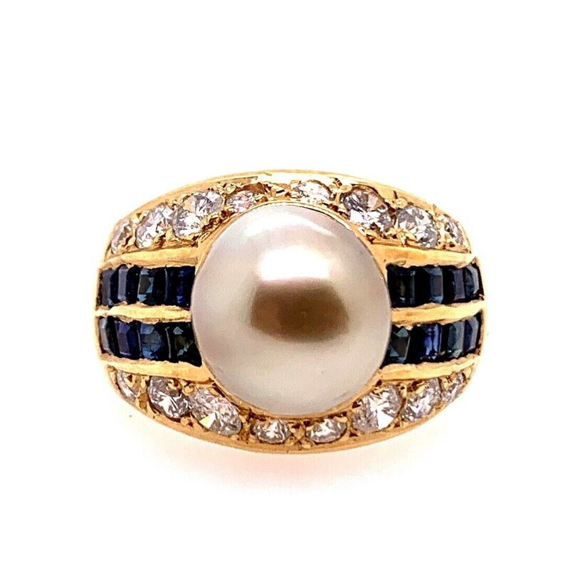 Retro Gold 2.50 Carat Natural Diamond, Sapphire & Pearl Cocktail Ring Circa 1950
