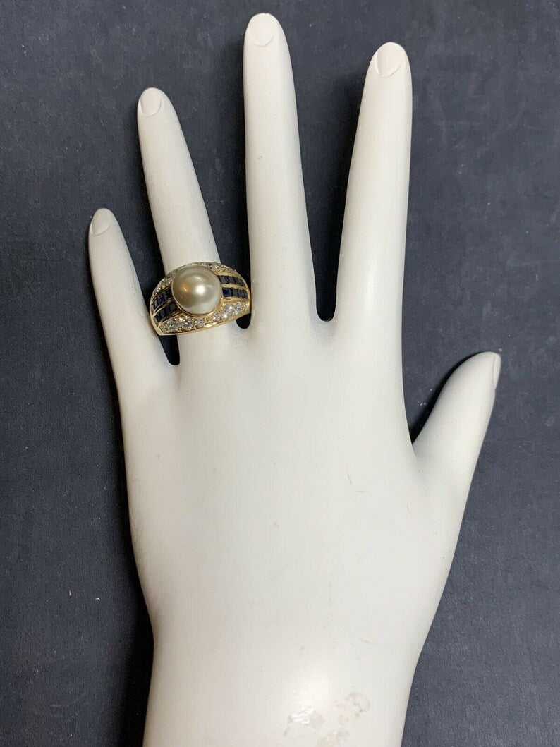 Retro Gold 2.50 Carat Natural Diamond, Sapphire & Pearl Cocktail Ring Circa 1950