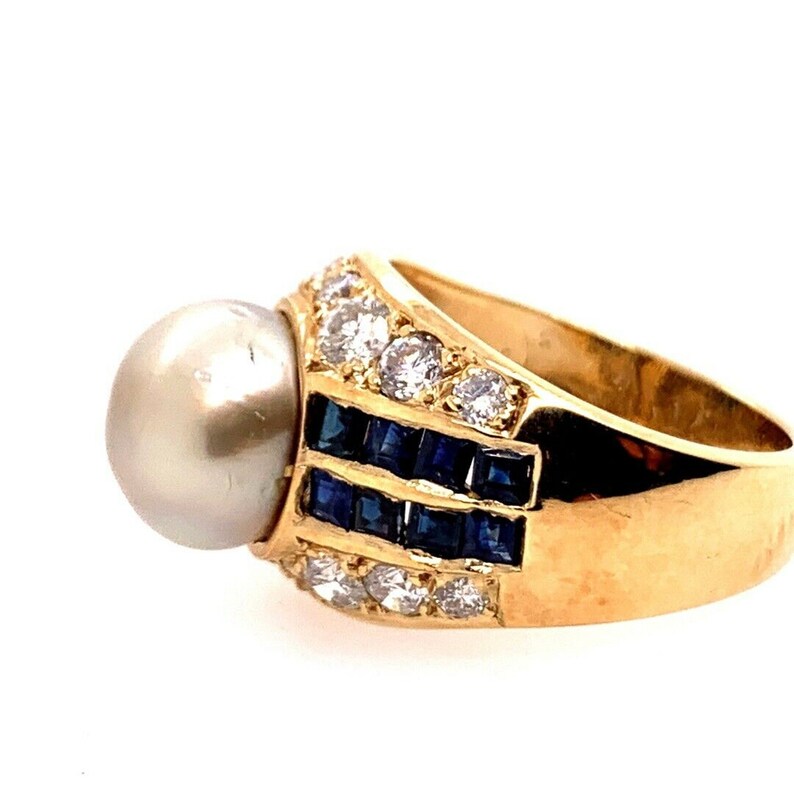 Retro Gold 2.50 Carat Natural Diamond, Sapphire & Pearl Cocktail Ring Circa 1950