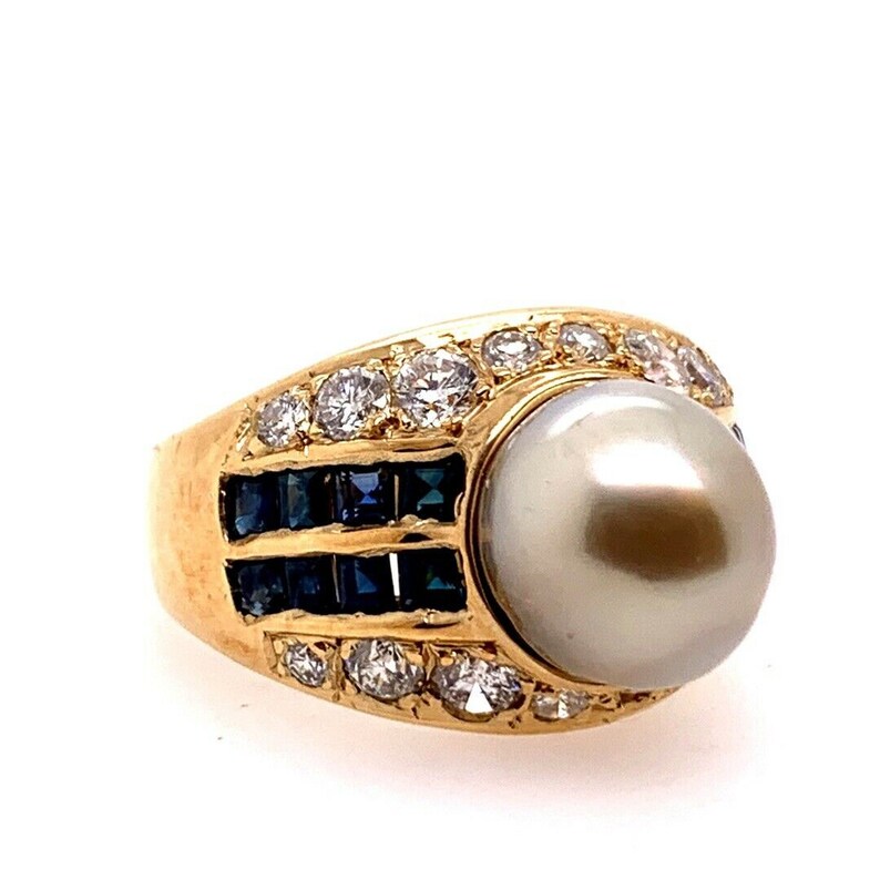 Retro Gold 2.50 Carat Natural Diamond, Sapphire & Pearl Cocktail Ring Circa 1950