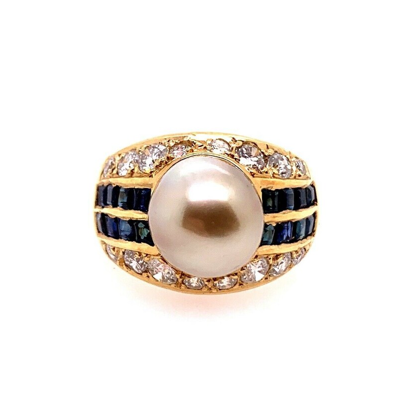 Retro Gold 2.50 Carat Natural Diamond, Sapphire & Pearl Cocktail Ring Circa 1950