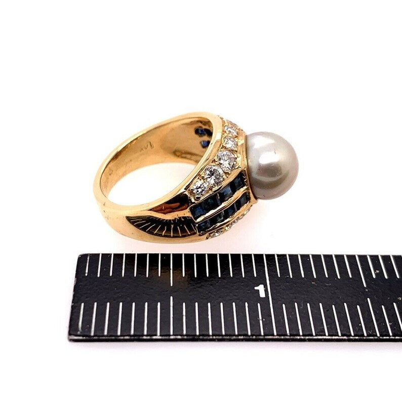 Retro Gold 2.50 Carat Natural Diamond, Sapphire & Pearl Cocktail Ring Circa 1950