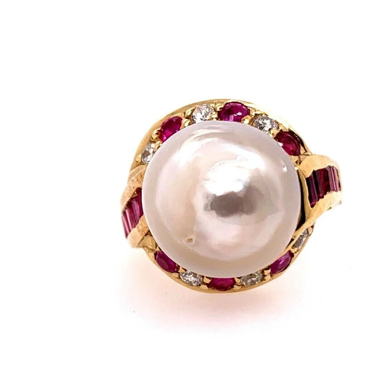 Retro Gold Cocktail Ring 1.4 Carat Natural Ruby, Diamond & 12mm Pearl Circa 1950