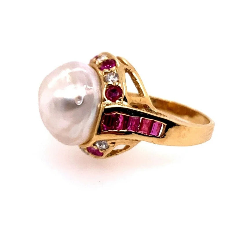 Retro Gold Cocktail Ring 1.4 Carat Natural Ruby, Diamond & 12mm Pearl Circa 1950