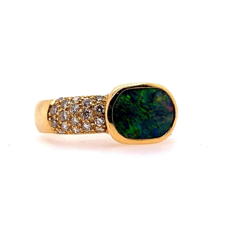 Retro Gold Natural 0.85 Carat Round Diamond and Opal Cocktail Ring Circa 1960