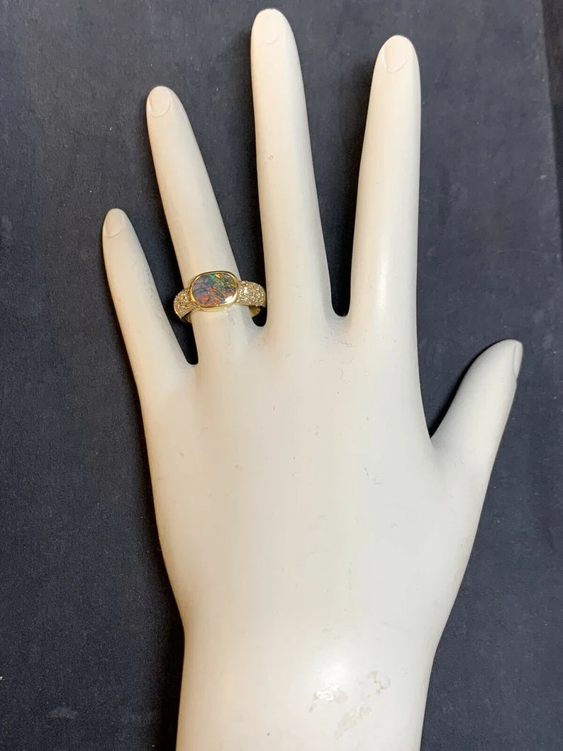 Retro Gold Natural 0.85 Carat Round Diamond and Opal Cocktail Ring Circa 1960