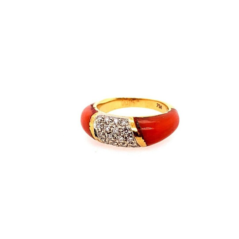 Retro Gold Cocktail Ring Natural Coral & 0.55 Carat Diamond Handmade Circa 1950
