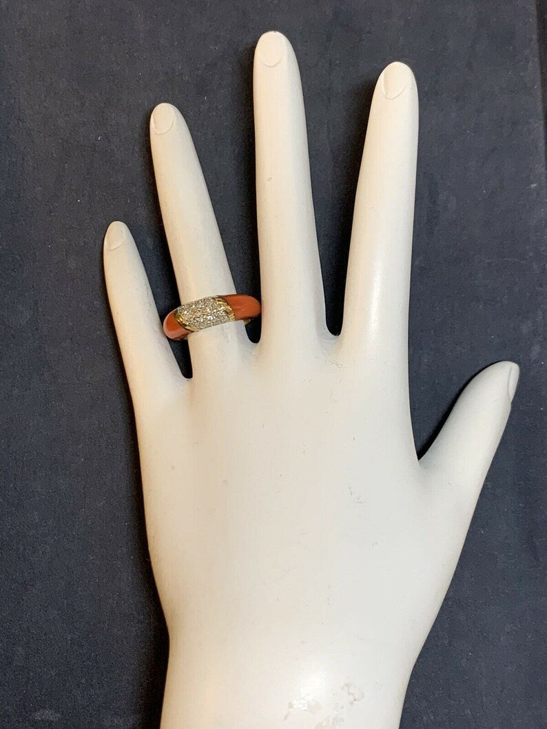 Retro Gold Cocktail Ring Natural Coral & 0.55 Carat Diamond Handmade Circa 1950