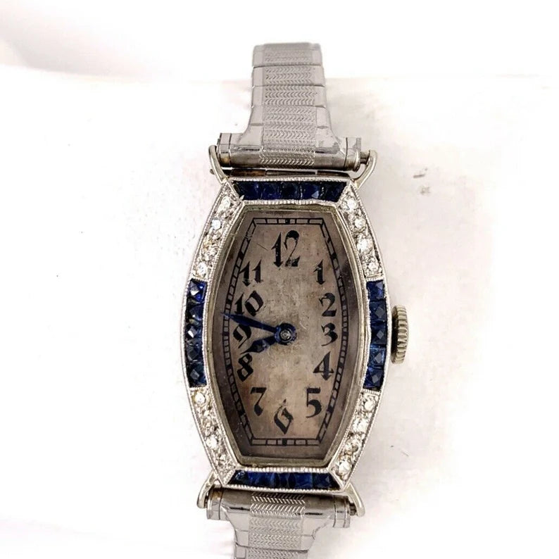 Ladies Platinum & Gold Longines Natural Diamond & Sapphire Manual Cocktail Watch