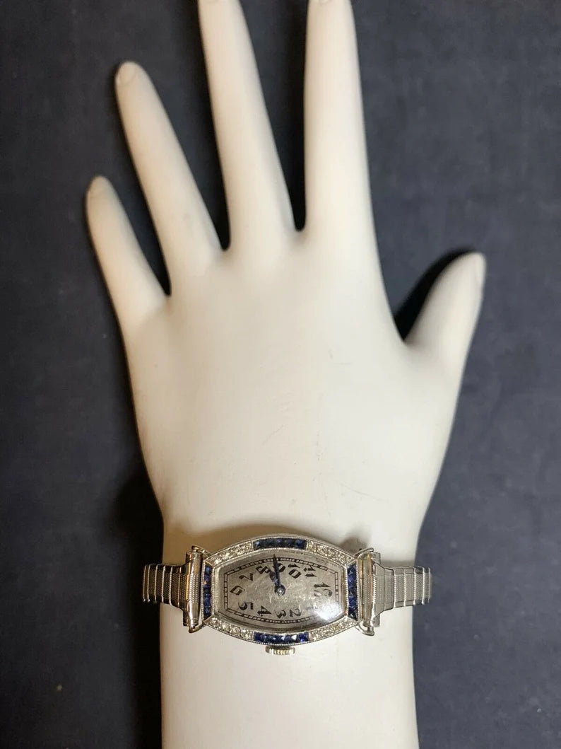 Ladies Platinum & Gold Longines Natural Diamond & Sapphire Manual Cocktail Watch