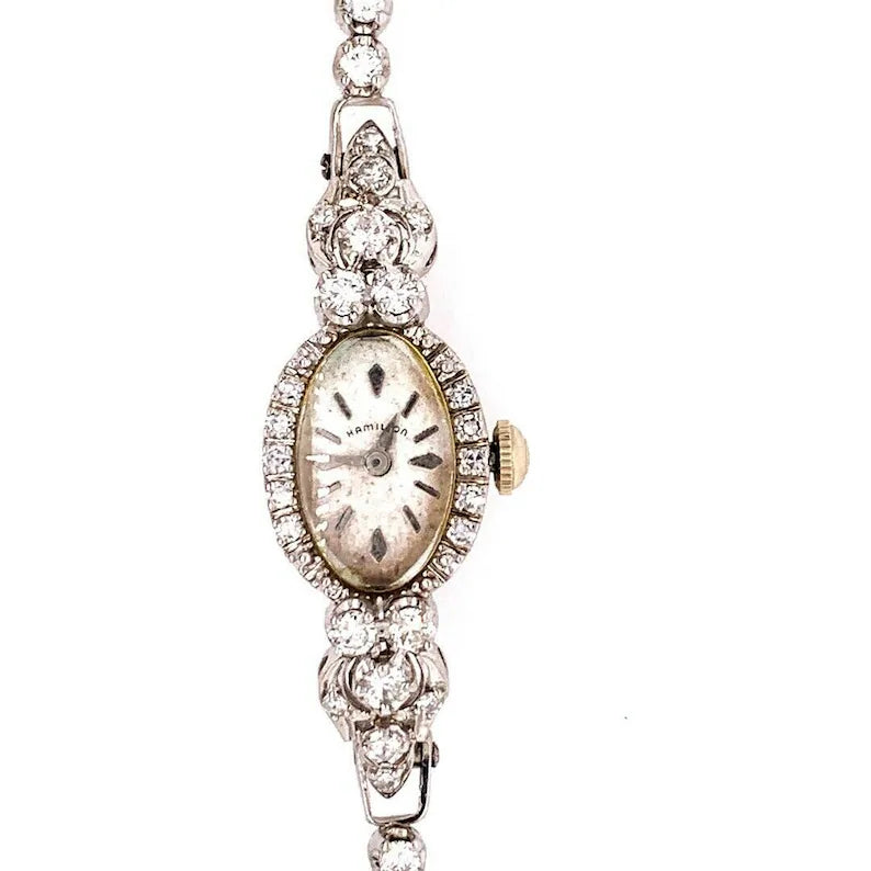 Ladies White Gold Hamilton 2 Carat Natural F Color Diamond Manual Cocktail Watch