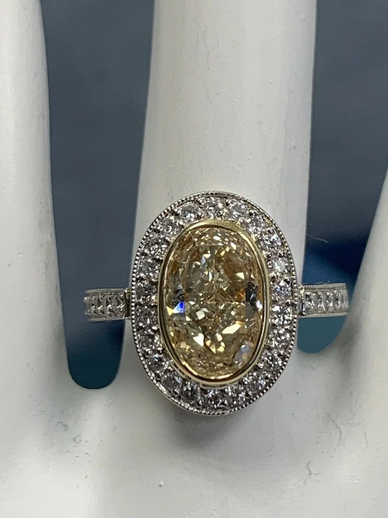 EGL Certified 2 Carat Natural Oval U-V Light Yellow VS2 Diamond Engagement Ring