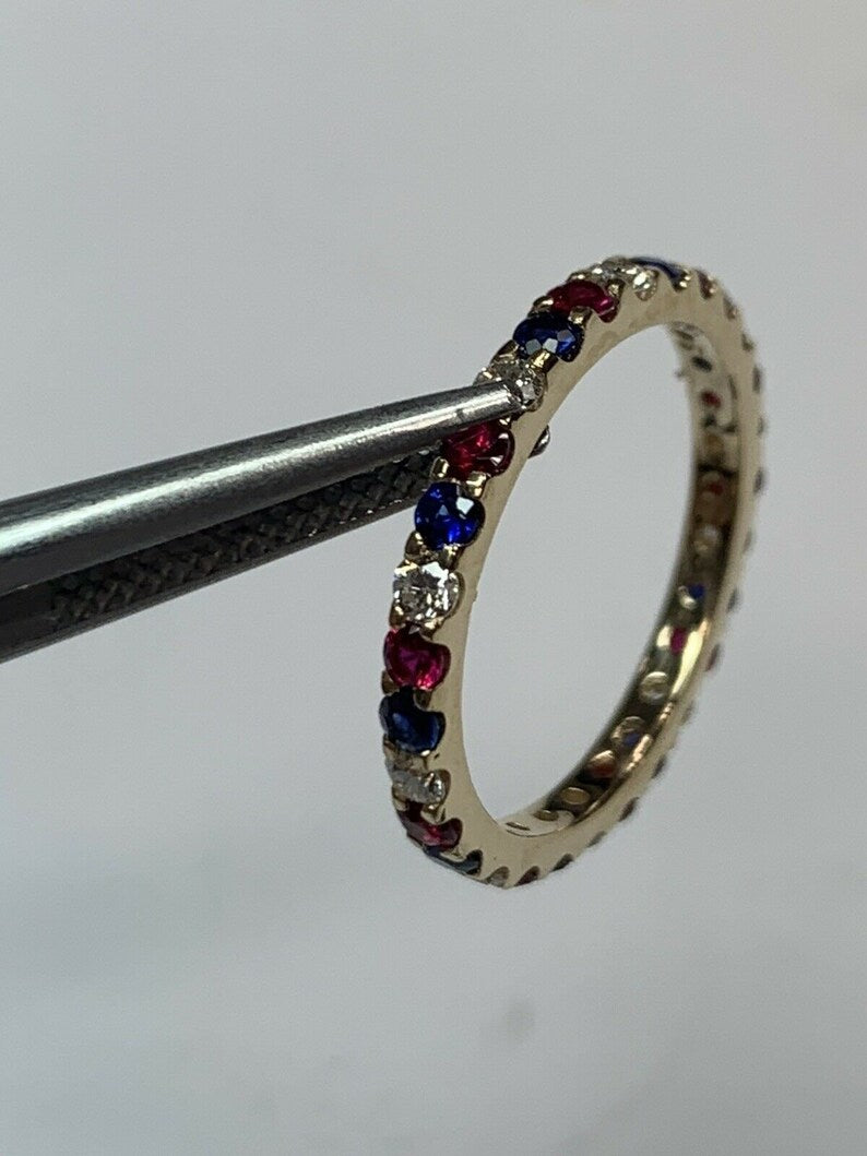 Modern Gold Eternity Band 1.05 Carat Natural Ruby Diamond Sapphire Patriot Ring