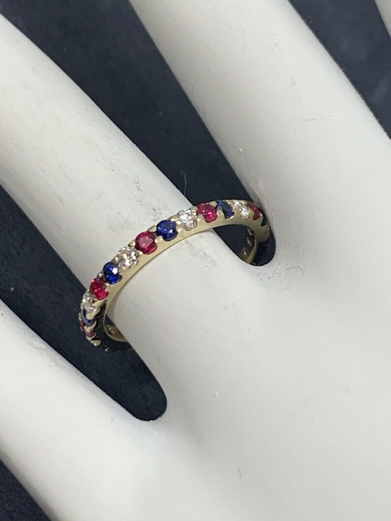 Modern Gold Eternity Band 1.05 Carat Natural Ruby Diamond Sapphire Patriot Ring