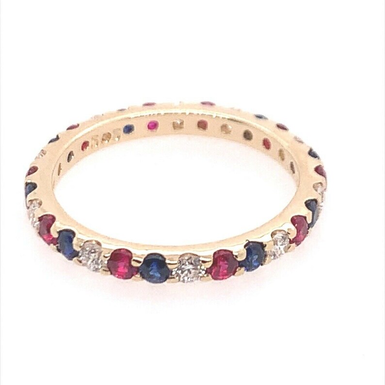 Modern Gold Eternity Band 1.05 Carat Natural Ruby Diamond Sapphire Patriot Ring