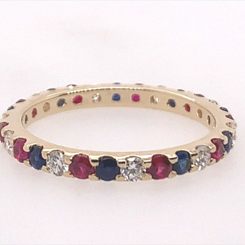 Modern Gold Eternity Band 1.05 Carat Natural Ruby Diamond Sapphire Patriot Ring