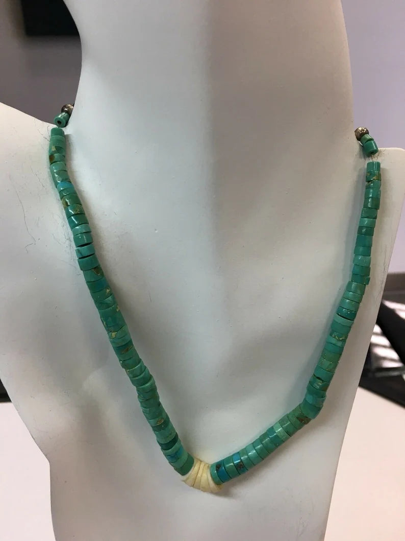 Estate Native Silver 26.3g Natural Turquoise Heishi Bead Vintage Necklace Gem
