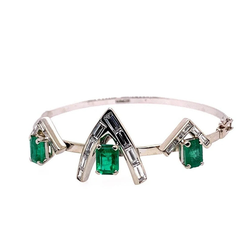 Art Deco Gold Bracelet 5.50 Carat Appx Natural Baguette Diamond & Green Emerald