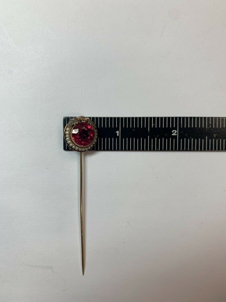 Vintage 3.28g Gold Round Syn Sapphire Pearl Pin Brooch Gem Stone Circa 1960