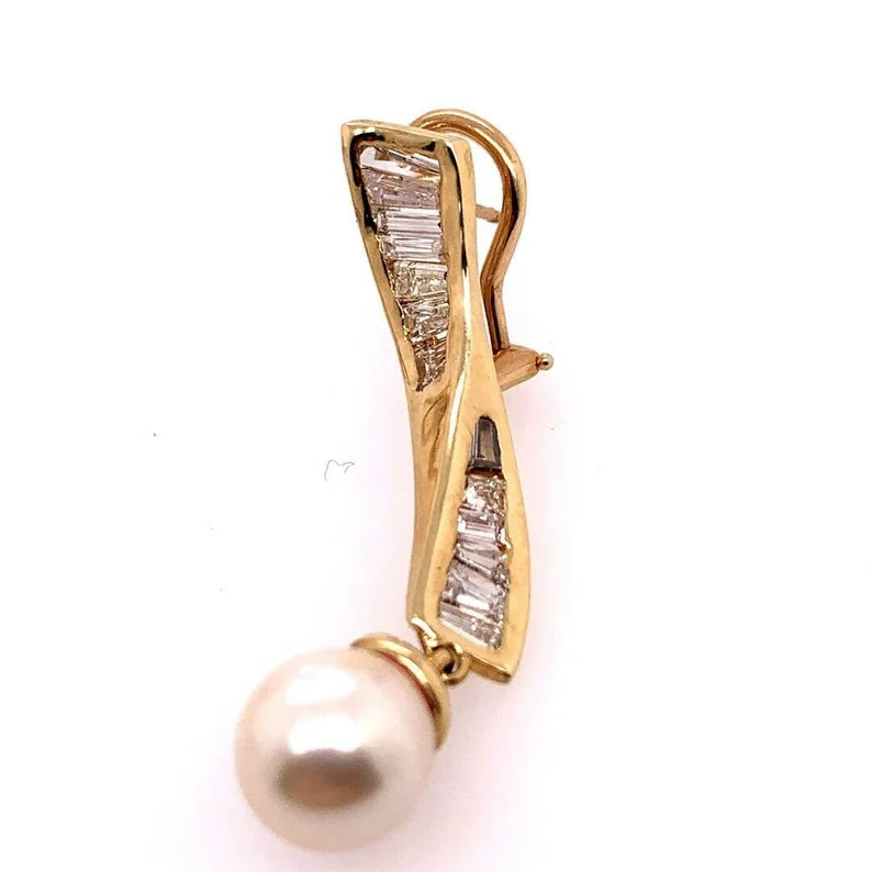 Retro Gold Earrings 1.50 Carat Natural Baguette Diamond & Pearl Circa 1970
