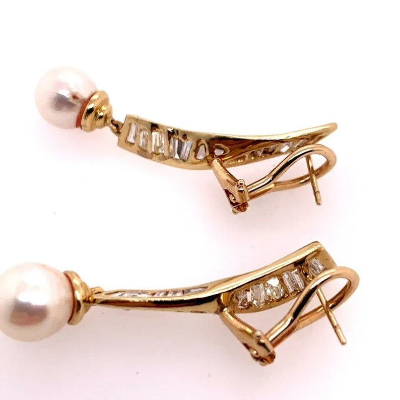 Retro Gold Earrings 1.50 Carat Natural Baguette Diamond & Pearl Circa 1970