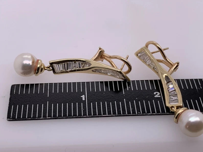 Retro Gold Earrings 1.50 Carat Natural Baguette Diamond & Pearl Circa 1970