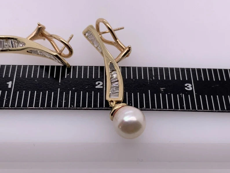 Retro Gold Earrings 1.50 Carat Natural Baguette Diamond & Pearl Circa 1970