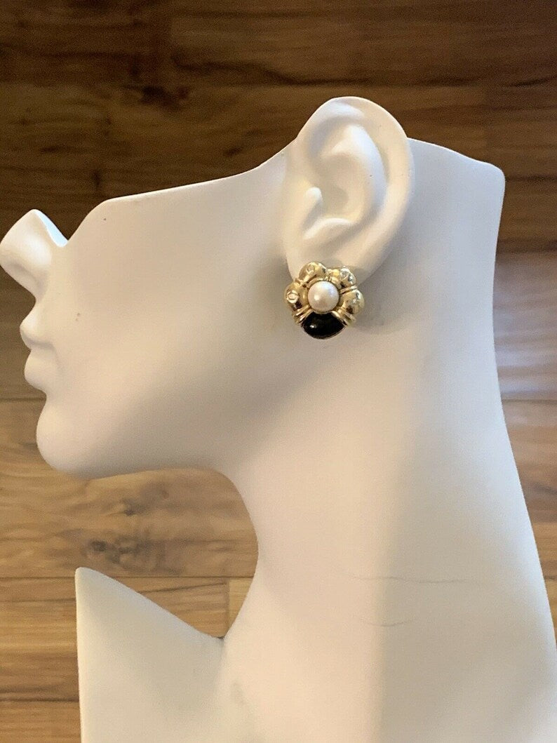 Retro Gold Natural Marquise Diamond, Onyx & Pearl Clip Earrings Circa 1980