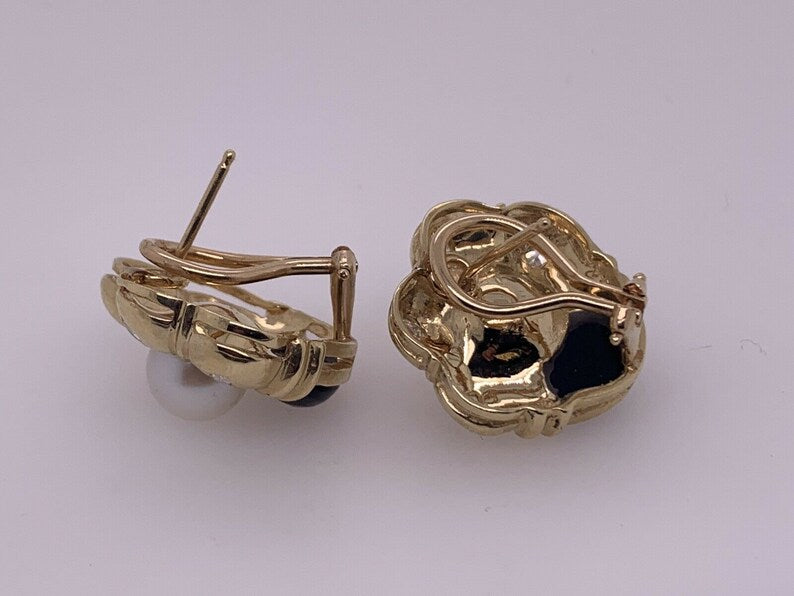 Retro Gold Natural Marquise Diamond, Onyx & Pearl Clip Earrings Circa 1980