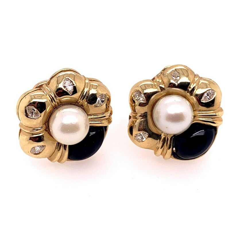 Retro Gold Natural Marquise Diamond, Onyx & Pearl Clip Earrings Circa 1980