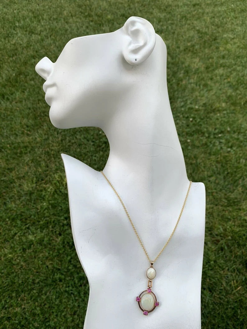 Retro Gold Pendant 10.50 Carat Natural White Cabochon Opal & Ruby Gem Circa 1950