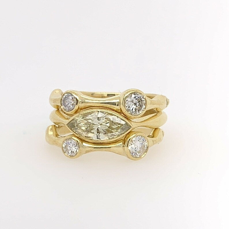Yellow Gold 1.42 Carat Natural Marquise & Round Diamond Cocktail Stack Ring Set