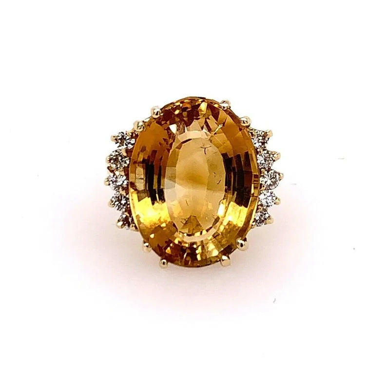 16.9 Carat Retro Gold Cocktail Ring Natural Diamond & Citrine Quartz Circa 1970