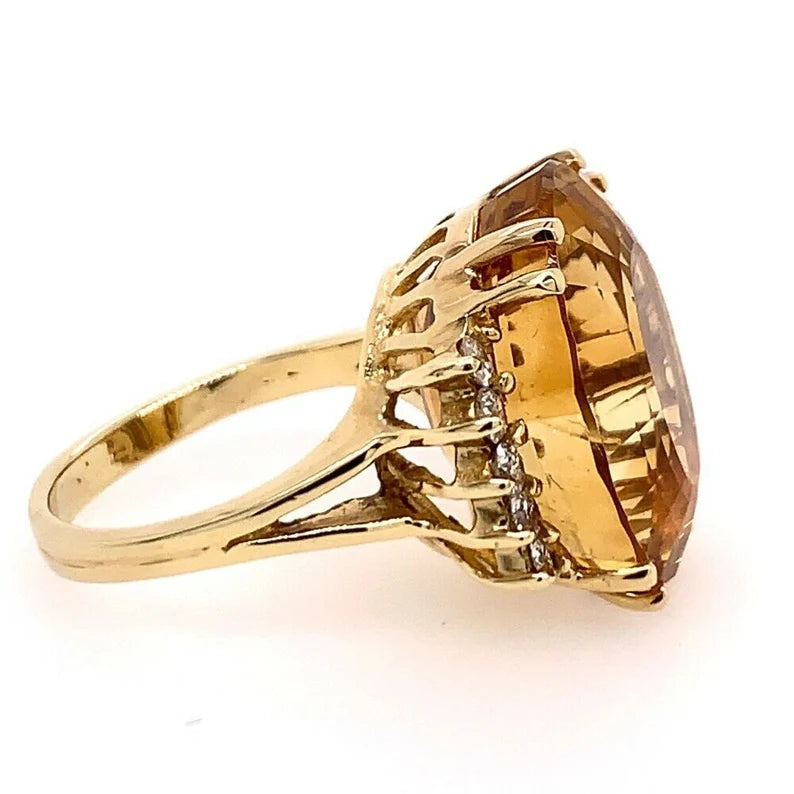 16.9 Carat Retro Gold Cocktail Ring Natural Diamond & Citrine Quartz Circa 1970