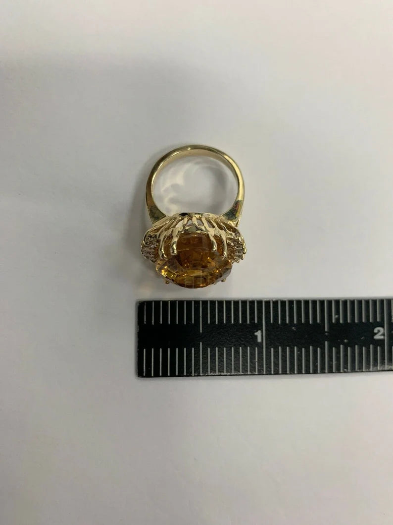 16.9 Carat Retro Gold Cocktail Ring Natural Diamond & Citrine Quartz Circa 1970